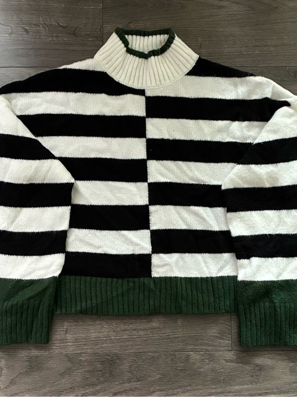 William Rast Black and White Striped Mock Neck Sweater with Green Trim
